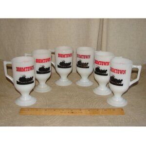 Boomtown Casino Tall MUG SET of 6, Milk Glass, Stagecoach, Irish Coffee 1970's